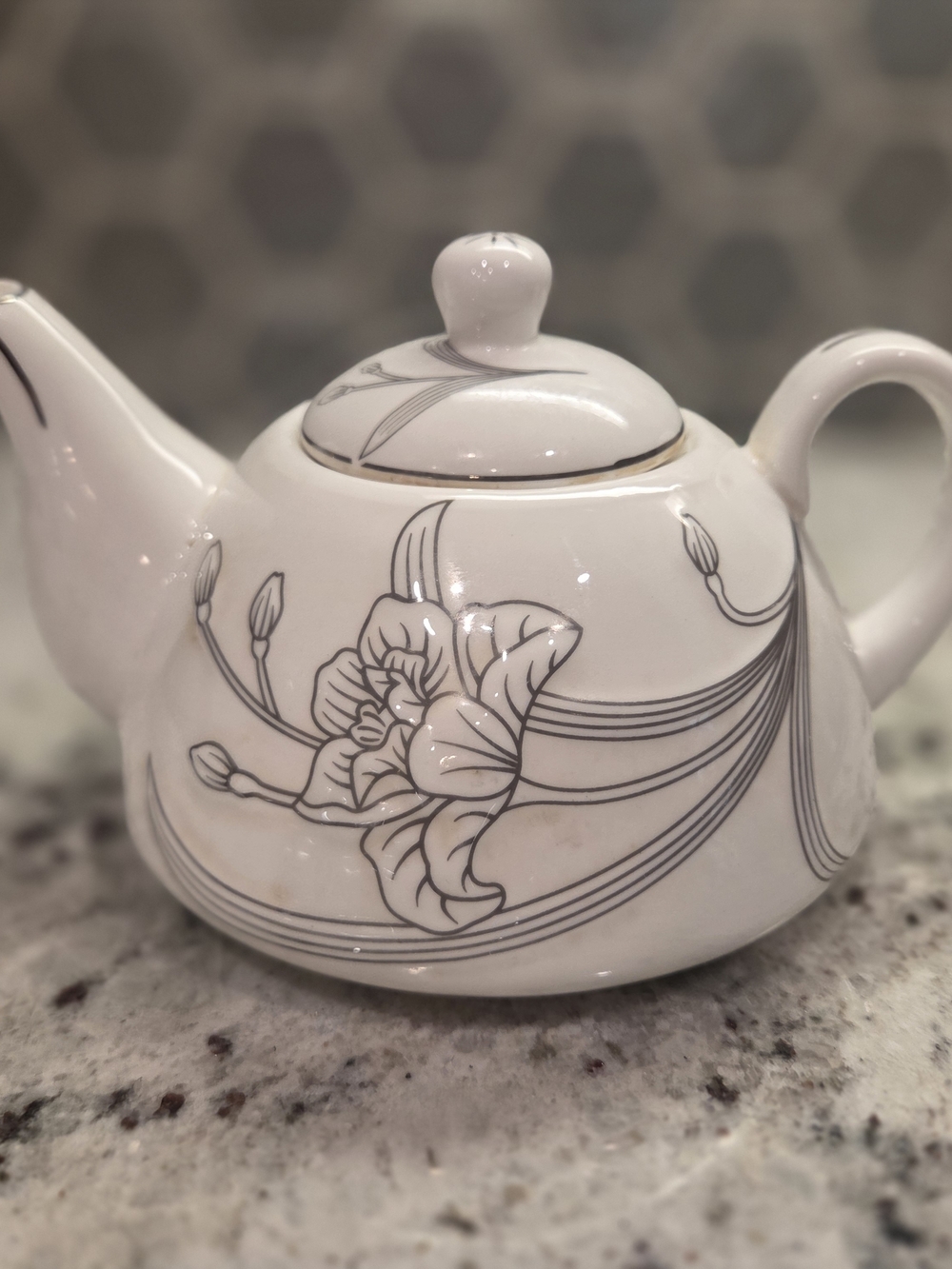 White Floral Ceramic Teapot with Gray Line Art